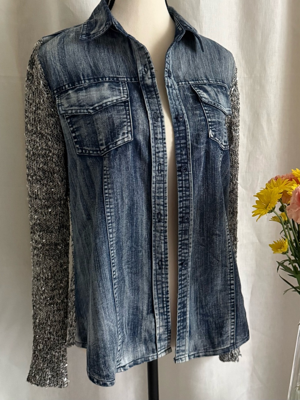 NWOT Soft Surroundings Denim Shirt Jacket XS Sequin Knit Sleeve Mixed Media